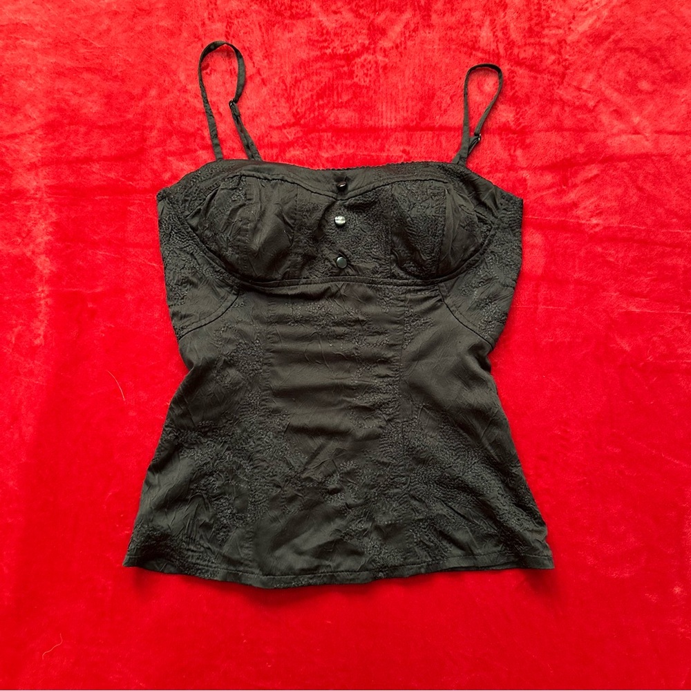 Early 2000s Black Goth Corset Floral Lace Tank Top with Buttons Built in Bra